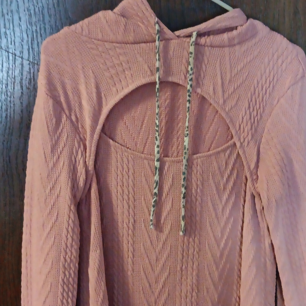 Pink sweater with animal print lined hood, Size M
